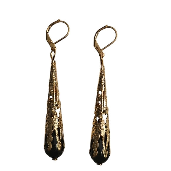 Boutique Jewelry - Gold Plated Black Elongated Turkish Earrings